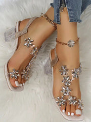 Tacones gruesos de punta abierta con parches de diamantes de imitación