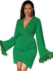 Long Sleeves Tassels Asymmetrical Hem Mini Dresses
