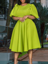 Puff Sleeve Solid Ruched Bodycon Midi Dresses