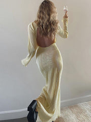 Vestidos maxi de manga larga con espalda descubierta y abertura lateral