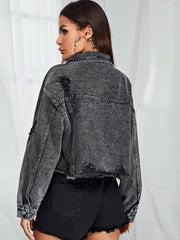 Denim-Kurzjacken mit langen Ärmeln und zerrissenem Saum