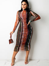 Mesh Long Sleeves Print Bodycon Midi Dresses