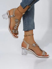 Tacones gruesos de punta abierta con parches de diamantes de imitación