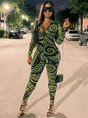 Long Sleeves Zipper Figure Print Bodycon Jumpsuits