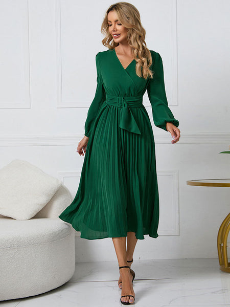 Long Sleeve Belted A Line Midi Dress for Timeless Elegance