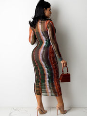 Mesh Long Sleeves Print Bodycon Midi Dresses