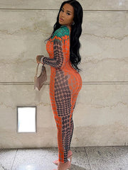 Long Sleeve Printed Color Block Bodycon Jumpsuit