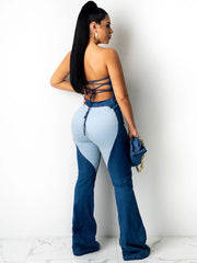 Schulterfreier Jeans-Strampler mit Schnürung