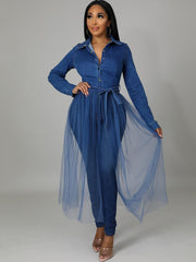 Langarm-Tops aus Denim-Mesh-Patchwork