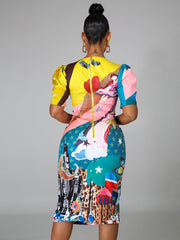 Vestidos midi ajustados con estampado de figura y mangas cortas