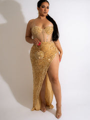 Vestidos largos sin mangas con abertura y lentejuelas de terciopelo