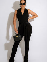 Sleeveless Collar Belt Solid Long Pants Rompers