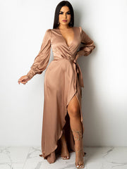 V Neck Long Sleeve Maxi Dress With Belt