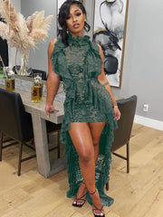 Minivestidos asimétricos con volantes y sin mangas de encaje