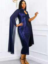 Mesh Long Slit Sleeve Sequin Patchwork Midi Dresses