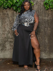 Two Piece Zebra Print One Shoulder Split Skirt Suits