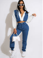 Conjunto de dos piezas de top corto y pantalón de manga larga con patchwork