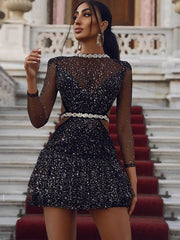 Minivestidos de malla con retazos y mangas largas con purpurina