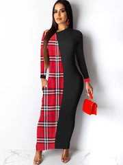 Long Sleeve Plaid Print Patchwork Maxi Dresses