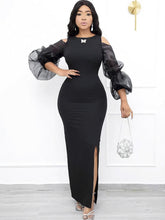 Mesh Patchwork Laternenärmel Split Bodycon Maxikleider