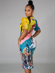 Vestidos midi ajustados con estampado de figura y mangas cortas