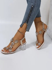 Tacones gruesos de punta abierta con parches de diamantes de imitación