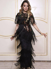 Vestidos largos ajustados con borlas y sin mangas con parches de lentejuelas