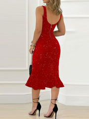 Vestidos midi sin mangas con volantes y purpurina