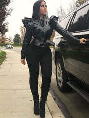 PU-Lederjacken mit Rüschen und langen Ärmeln