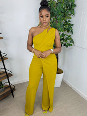 One Shoulder Sleeveless Wide Leg Rompers