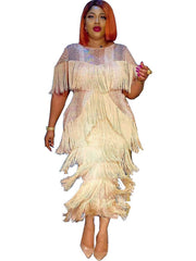 Vestidos largos ajustados con borlas y sin mangas con parches de lentejuelas