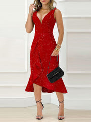 Vestidos midi sin mangas con volantes y purpurina