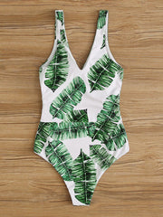 Plus Size Leaf Print Patchwork Swimsuits