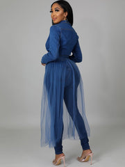 Langarm-Tops aus Denim-Mesh-Patchwork