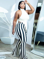 Tops sin mangas de dos piezas y pantalones ajustados a rayas