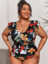 Plus Size Sleeveless Ruffle Floral Print Swimsuits