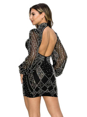 Long Sleeve Backless Mesh Sequin Bodycon Mini Dresses