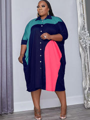 Halbarm-Midikleider mit Farbblock und Knöpfen