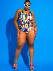 Traje de baño de una pieza con estampado geométrico calado