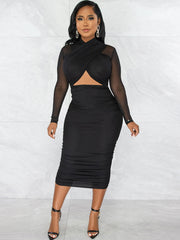 Mesh Criss-Cross Cut-Out Midi Dresses