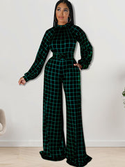 Long Sleeve Plaid Print Wide Leg Jumpsuit