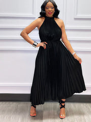 Sleeveless Solid Pleated Swing Maxi Dresses