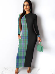 Long Sleeve Plaid Print Patchwork Maxi Dresses