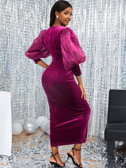 Vestidos midi con abertura y retazos de malla y mangas farol