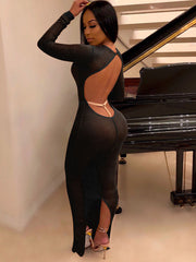 Vestidos maxi ajustados de malla con manga larga y espalda descubierta