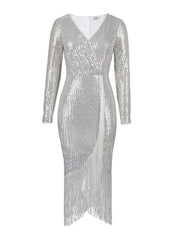 Vestidos midi de talla grande con borlas y manga larga con purpurina