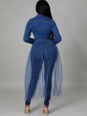Langarm-Tops aus Denim-Mesh-Patchwork