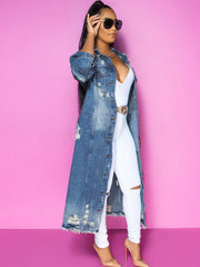 Denim Langarm Zerrissene Lange Mäntel