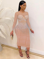 Plus Size Hot Drilling Mesh Langarm-Midikleider