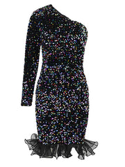 One Shoulder Sequin Ruffle Patchwork Mini Dresses